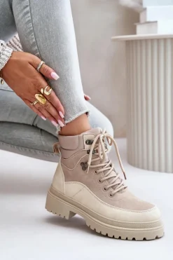 Botki Trapery Damskie Sznurowane Beżowe Rabaria