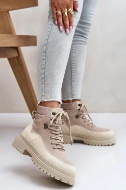 Botki Trapery Damskie Sznurowane Beżowe Rabaria
