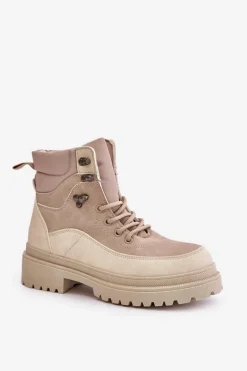 Botki Trapery Damskie Sznurowane Beżowe Rabaria
