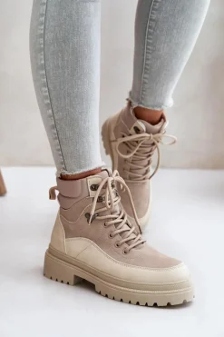 Botki Trapery Damskie Sznurowane Beżowe Rabaria