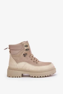 Botki Trapery Damskie Sznurowane Beżowe Rabaria