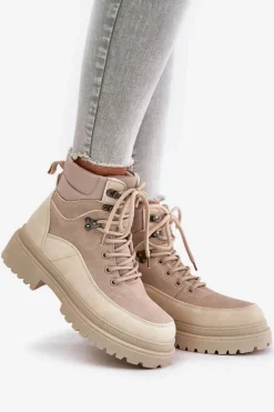 Botki Trapery Damskie Sznurowane Beżowe Rabaria