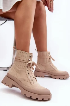 Botki Trapery Damskie Sznurowane Beżowe Gordts