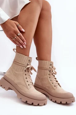 Botki Trapery Damskie Sznurowane Beżowe Gordts