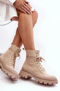 Botki Trapery Damskie Sznurowane Beżowe Gordts