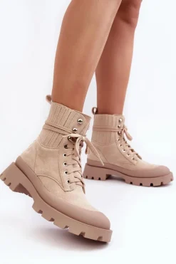 Botki Trapery Damskie Sznurowane Beżowe Gordts