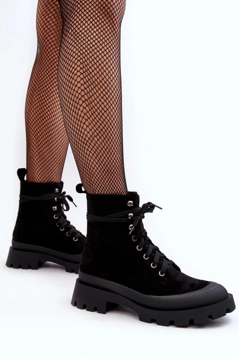 Botki Trapery Damskie Sznurowane Czarne Gordts