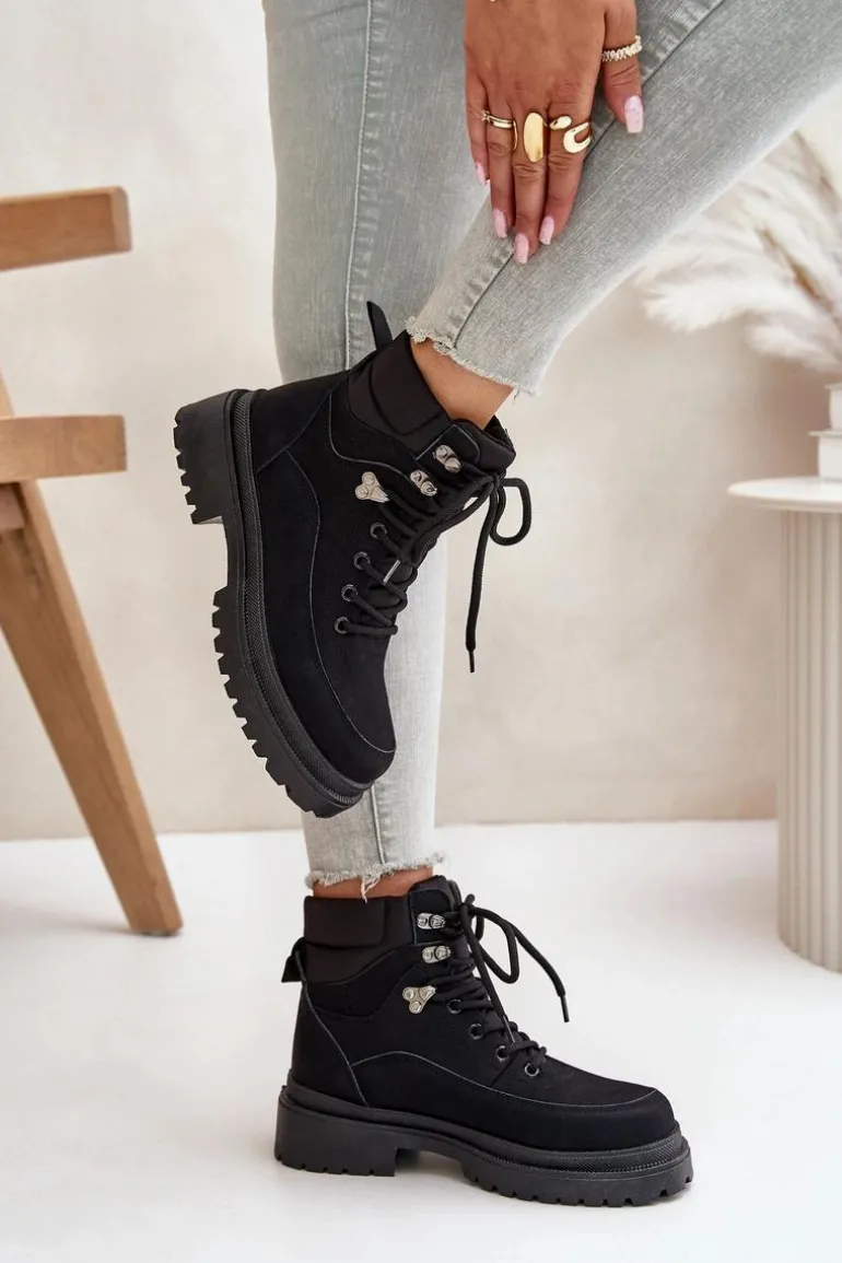 Botki Trapery Damskie Sznurowane Czarne Rabaria