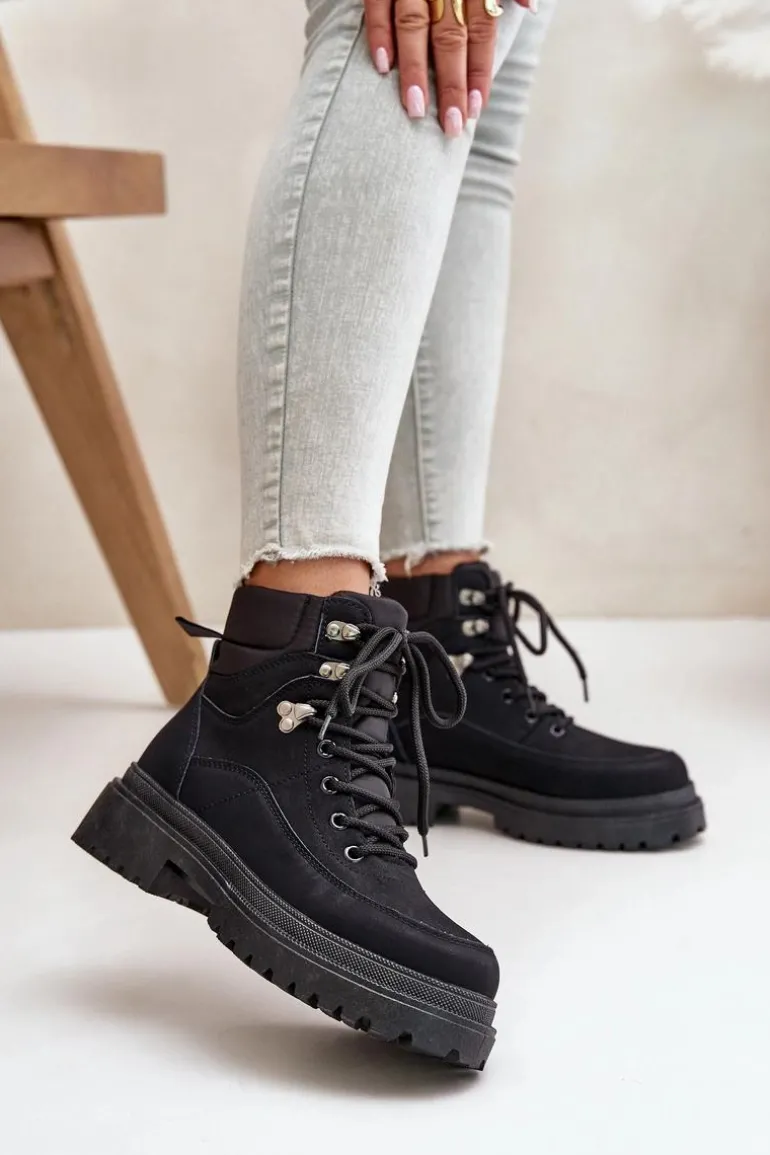 Botki Trapery Damskie Sznurowane Czarne Rabaria