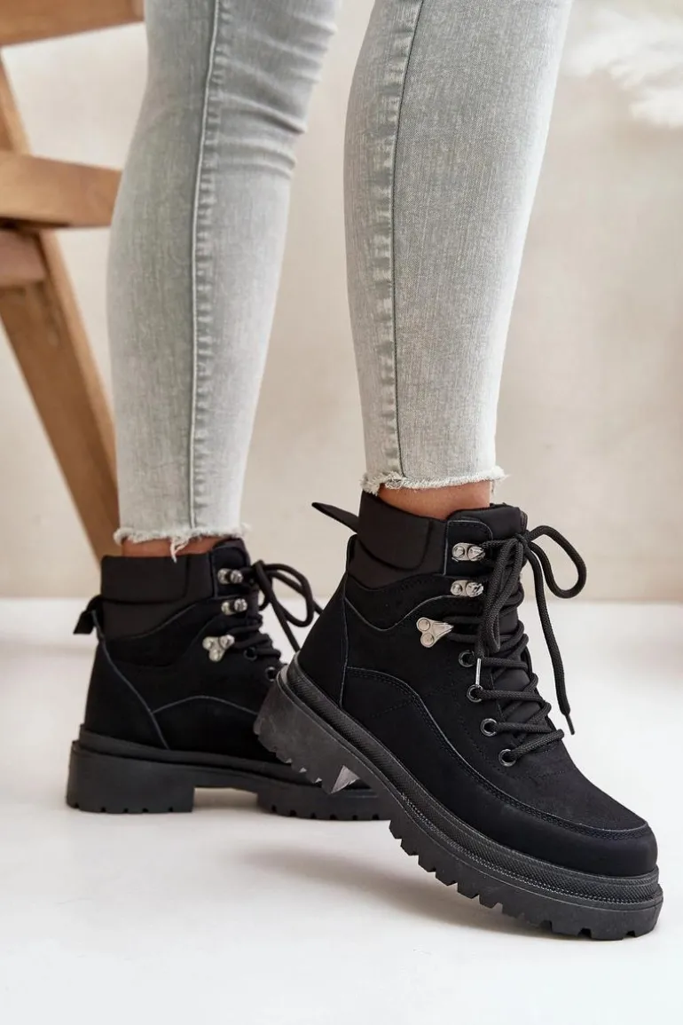 Botki Trapery Damskie Sznurowane Czarne Rabaria
