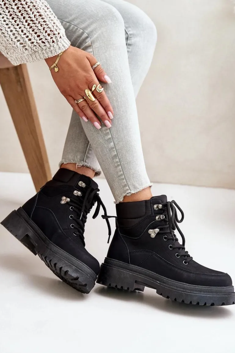 Botki Trapery Damskie Sznurowane Czarne Rabaria