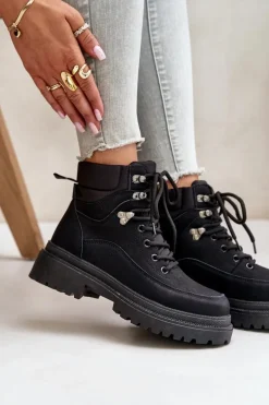Botki Trapery Damskie Sznurowane Czarne Rabaria