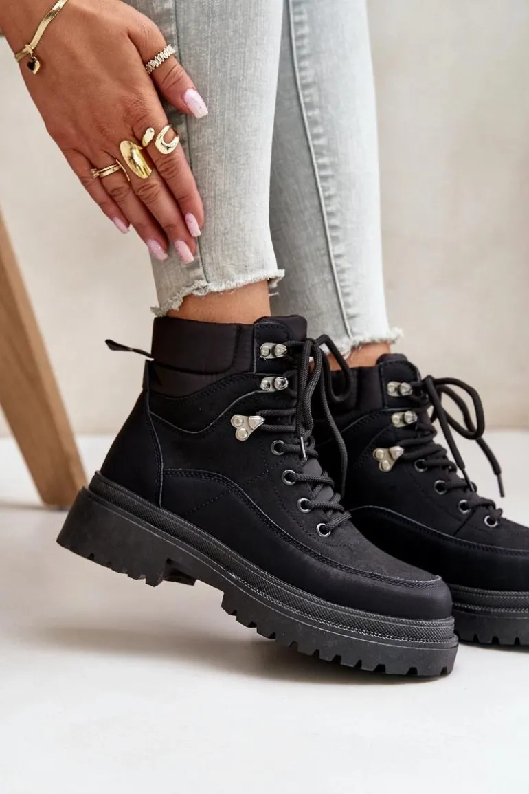 Botki Trapery Damskie Sznurowane Czarne Rabaria