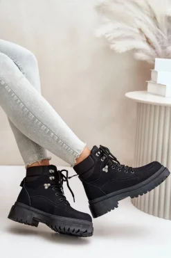 Botki Trapery Damskie Sznurowane Czarne Rabaria