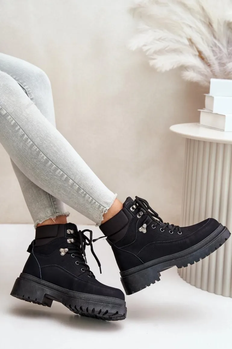 Botki Trapery Damskie Sznurowane Czarne Rabaria