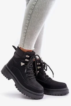 Botki Trapery Damskie Sznurowane Czarne Rabaria