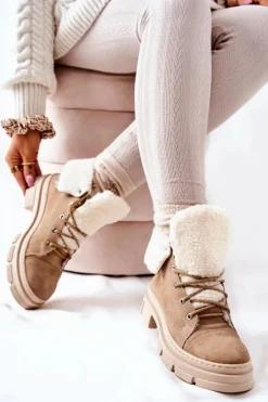 Botki Trapery Ocieplane Wiązane Beżowe Karley