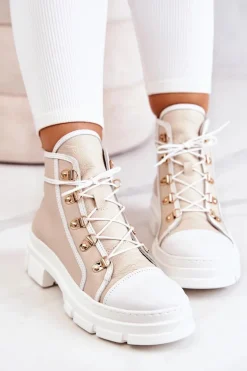 Botki Trapery Skórzane Beżowo-Białe Letty