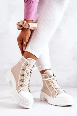 Botki Trapery Skórzane Beżowo-Białe Letty