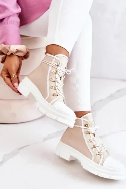 Botki Trapery Skórzane Beżowo-Białe Letty