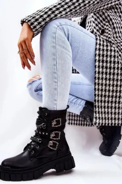 Botki Wiązane Łańcuch Sprzączka Czarne Reiloy