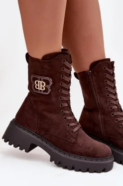Botki Wokrery Damskie Z Ozdobnym Elementem Ocieplane Czekoladowe Kalindra