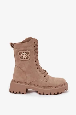 Botki Wokrery Damskie Z Ozdobnym Elementem Ocieplane Beżowe Kalindra