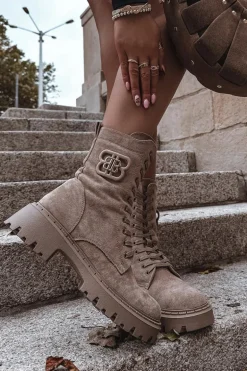 Botki Wokrery Damskie Z Ozdobnym Elementem Ocieplane Beżowe Kalindra