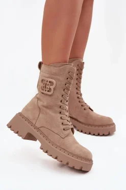Botki Wokrery Damskie Z Ozdobnym Elementem Ocieplane Beżowe Kalindra