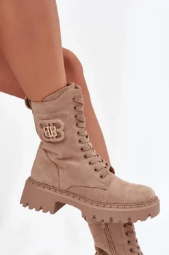 Botki Wokrery Damskie Z Ozdobnym Elementem Ocieplane Beżowe Kalindra