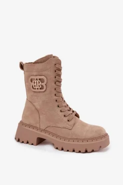 Botki Wokrery Damskie Z Ozdobnym Elementem Ocieplane Beżowe Kalindra