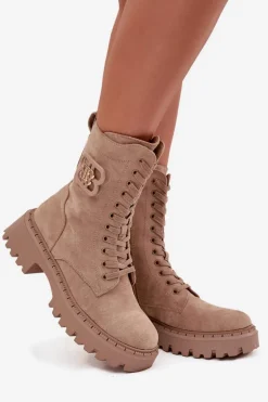 Botki Wokrery Damskie Z Ozdobnym Elementem Ocieplane Beżowe Kalindra
