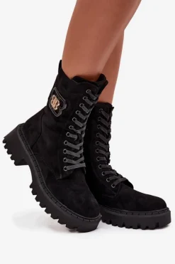 Botki Wokrery Damskie Z Ozdobnym Elementem Ocieplane Czarne Kalindra