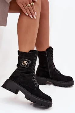 Botki Wokrery Damskie Z Ozdobnym Elementem Ocieplane Czarne Kalindra