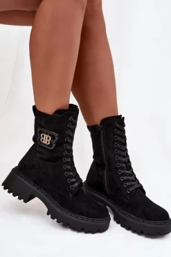 Botki Wokrery Damskie Z Ozdobnym Elementem Ocieplane Czarne Kalindra