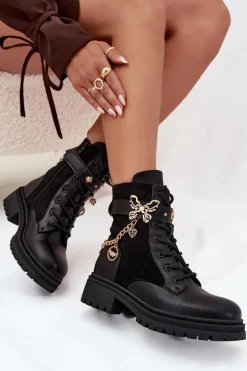 Botki Workery Damskie Ocieplane Ze Złotym Łańcuchem I Zawieszkami Czarne Ravine