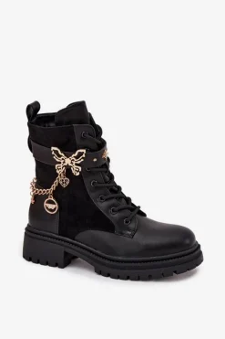 Botki Workery Damskie Ocieplane Ze Złotym Łańcuchem I Zawieszkami Czarne Ravine