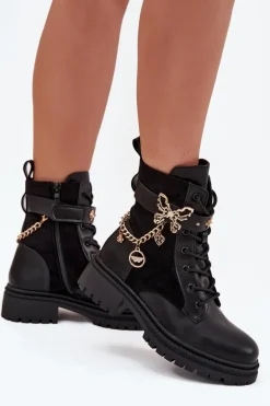 Botki Workery Damskie Ocieplane Ze Złotym Łańcuchem I Zawieszkami Czarne Ravine
