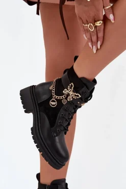 Botki Workery Damskie Ocieplane Ze Złotym Łańcuchem I Zawieszkami Czarne Ravine