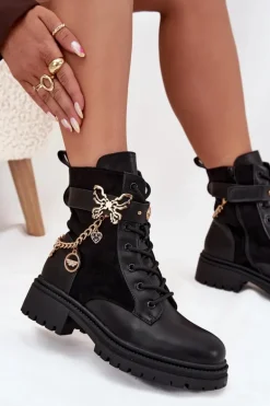 Botki Workery Damskie Ocieplane Ze Złotym Łańcuchem I Zawieszkami Czarne Ravine