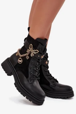 Botki Workery Damskie Ocieplane Ze Złotym Łańcuchem I Zawieszkami Czarne Ravine