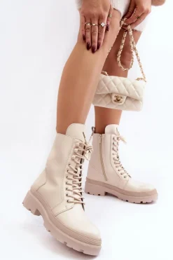 Botki Workery Damskie Ekoskóra Jasnobeżowe Irande