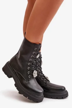 Botki Workery Damskie Eko Skórzane Z Przypinkami Czarne Kristines