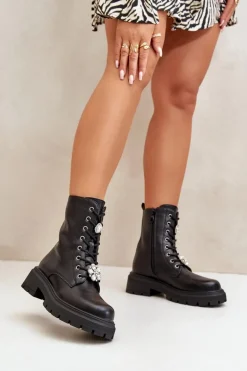 Botki Workery Damskie Eko Skórzane Z Przypinkami Czarne Kristines