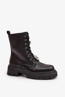 Botki Workery Damskie Eko Skórzane Z Przypinkami Czarne Kristines