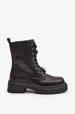 Botki Workery Damskie Eko Skórzane Z Przypinkami Czarne Kristines