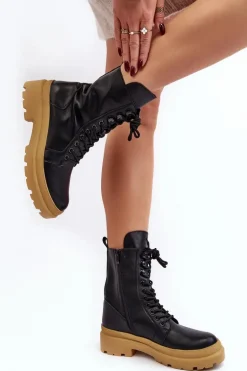 Botki Workery Damskie Ekoskóra Czarne Irande - Jasna Podeszwa