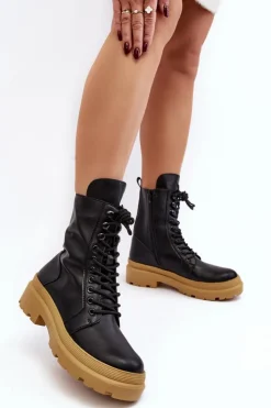 Botki Workery Damskie Ekoskóra Czarne Irande - Jasna Podeszwa