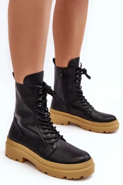 Botki Workery Damskie Ekoskóra Czarne Irande - Jasna Podeszwa