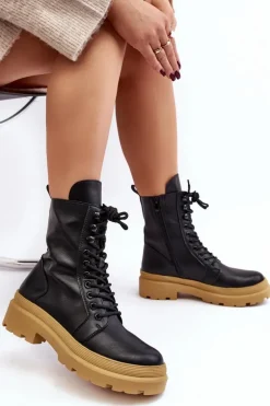 Botki Workery Damskie Ekoskóra Czarne Irande - Jasna Podeszwa